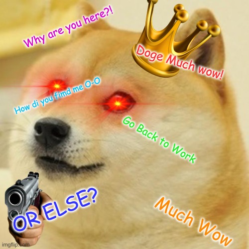 Demon Doge | Why are you here?! Doge Much wow! How di you fimd me O-O; Go Back to Work; OR ELSE? Much Wow | image tagged in memes,doge | made w/ Imgflip meme maker