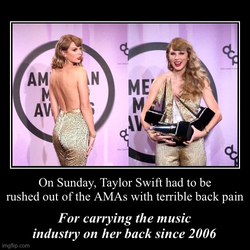 Swift simp confirmed | image tagged in funny,demotivationals,taylor swift,amas,back pain,pop music | made w/ Imgflip demotivational maker