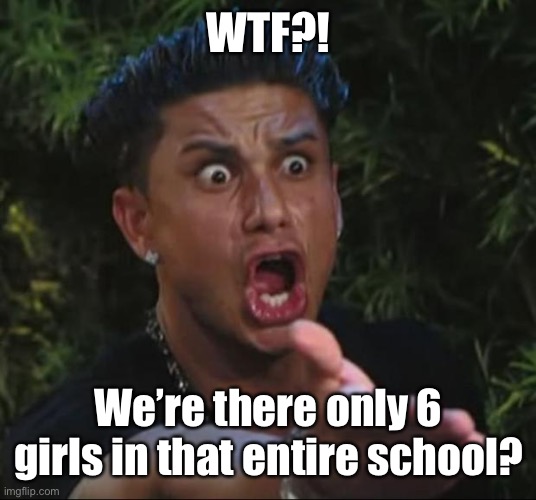 DJ Pauly D Meme | WTF?! We’re there only 6 girls in that entire school? | image tagged in memes,dj pauly d | made w/ Imgflip meme maker