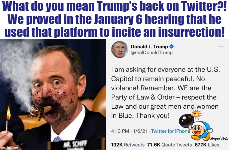 Adam Schiff cigar blows up in his face, Trump's peaceful tweet | What do you mean Trump's back on Twitter?!
We proved in the January 6 hearing that he
used that platform to incite an insurrection! Angel Soto | image tagged in political humor,trump,adam schiff,twitter,insurrection,capitol | made w/ Imgflip meme maker