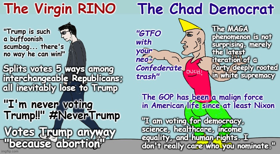 RINOs vs. Democrats: Who would win? | The Virgin RINO; The Chad Democrat; "GTFO with your neo- Confederate trash"; The MAGA phenomenon is not surprising, merely the latest iteration of a Party deeply rooted in white supremacy; "Trump is such a buffoonish scumbag... there's no way he can win!"; Splits votes 5 ways among interchangeable Republicans; all inevitably lose to Trump; "I'm never voting Trump!!" #NeverTrump; The GOP has been a malign force in American life since at least Nixon; "I am voting for democracy, science, healthcare, income equality, and human rights. I don't really care who you nominate."; Votes Trump anyway "because abortion" | image tagged in virgin vs chad,rino,democrat,democratic party,white supremacy,maga | made w/ Imgflip meme maker