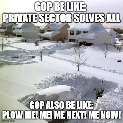 Me Now! | GOP BE LIKE: 
PRIVATE SECTOR SOLVES ALL; GOP ALSO BE LIKE:
PLOW ME! ME! ME NEXT! ME NOW! | made w/ Imgflip meme maker