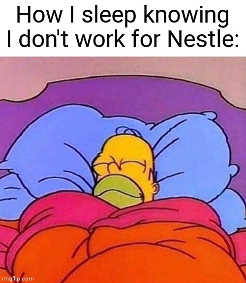 Homer Simpson sleeping peacefully | How I sleep knowing I don't work for Nestle: | image tagged in homer simpson sleeping peacefully,nestle,memes | made w/ Imgflip meme maker