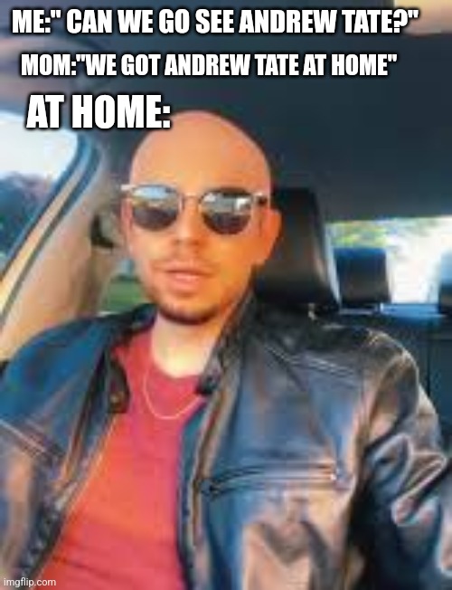 ME:" CAN WE GO SEE ANDREW TATE?"; MOM:"WE GOT ANDREW TATE AT HOME"; AT HOME: | image tagged in funny memes | made w/ Imgflip meme maker