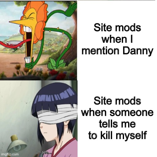 Cuphead Flower | Site mods when I mention Danny; Site mods when someone tells me to kill myself | image tagged in cuphead flower | made w/ Imgflip meme maker