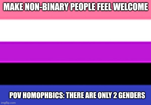 Make it normal | MAKE NON-BINARY PEOPLE FEEL WELCOME; POV HOMOPHBICS: THERE ARE ONLY 2 GENDERS | image tagged in genderfluid flag | made w/ Imgflip meme maker
