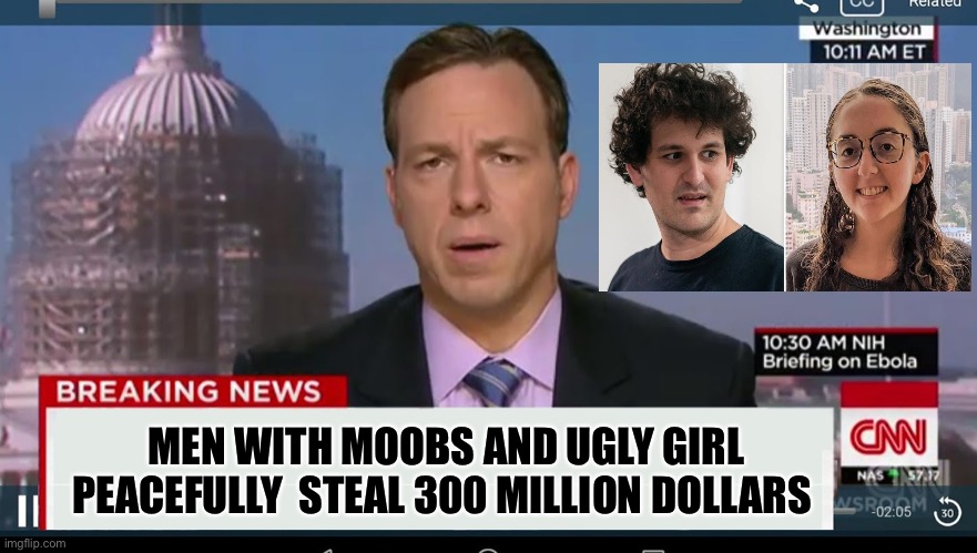 Peaceful Theft | MEN WITH MOOBS AND UGLY GIRL PEACEFULLY  STEAL 300 MILLION DOLLARS | image tagged in cnn breaking news template | made w/ Imgflip meme maker