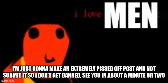 i love MEN | I'M JUST GONNA MAKE AN EXTREMELY PISSED OFF POST AND NOT SUBMIT IT SO I DON'T GET BANNED, SEE YOU IN ABOUT A MINUTE OR TWO | image tagged in i love men | made w/ Imgflip meme maker