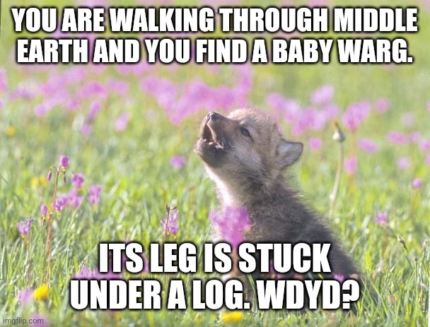 I guess you could either kill it, ignore it, or rescue it. I'd personally do the last because maybe I could tame it | YOU ARE WALKING THROUGH MIDDLE EARTH AND YOU FIND A BABY WARG. ITS LEG IS STUCK UNDER A LOG. WDYD? | image tagged in lotr,lord of the rings,wolf,warg | made w/ Imgflip meme maker