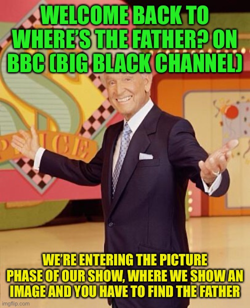 Game show  | WELCOME BACK TO WHERE’S THE FATHER? ON BBC (BIG BLACK CHANNEL); WE’RE ENTERING THE PICTURE PHASE OF OUR SHOW, WHERE WE SHOW AN IMAGE AND YOU HAVE TO FIND THE FATHER | image tagged in game show | made w/ Imgflip meme maker
