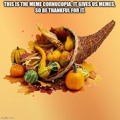 The meme cornucopia | THIS IS THE MEME CORNUCOPIA. IT GIVES US MEMES, 
SO BE THANKFUL FOR IT. | image tagged in thanksgiving | made w/ Imgflip meme maker