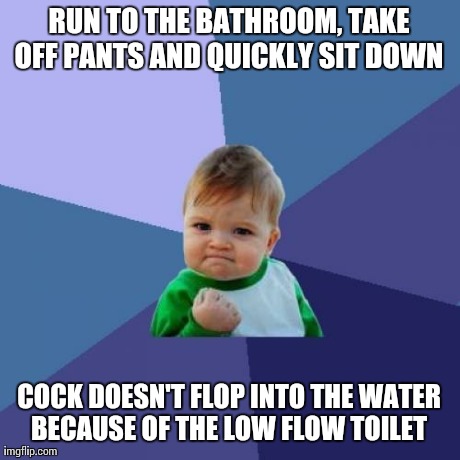 Success Kid Meme | RUN TO THE BATHROOM, TAKE OFF PANTS AND QUICKLY SIT DOWN  COCK DOESN'T FLOP INTO THE WATER BECAUSE OF THE LOW FLOW TOILET | image tagged in memes,success kid | made w/ Imgflip meme maker