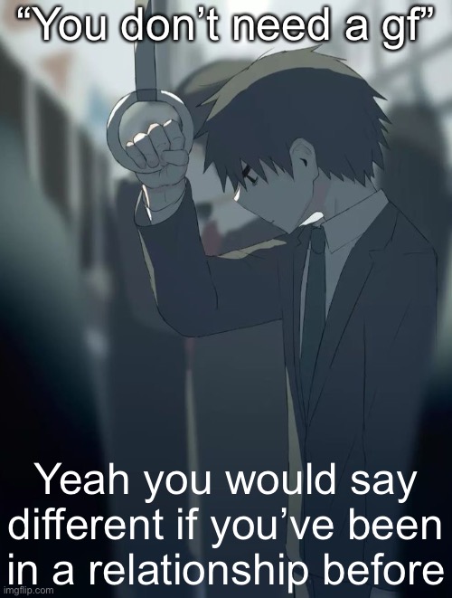 Keeping person anonymous cuz ye | “You don’t need a gf”; Yeah you would say different if you’ve been in a relationship before | image tagged in avogado6 depression | made w/ Imgflip meme maker
