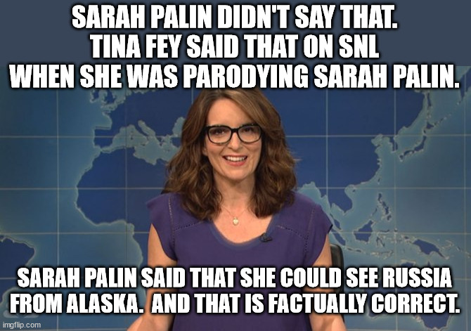 Tina Fey weekend update | SARAH PALIN DIDN'T SAY THAT.
TINA FEY SAID THAT ON SNL WHEN SHE WAS PARODYING SARAH PALIN. SARAH PALIN SAID THAT SHE COULD SEE RUSSIA FROM A | image tagged in tina fey weekend update | made w/ Imgflip meme maker