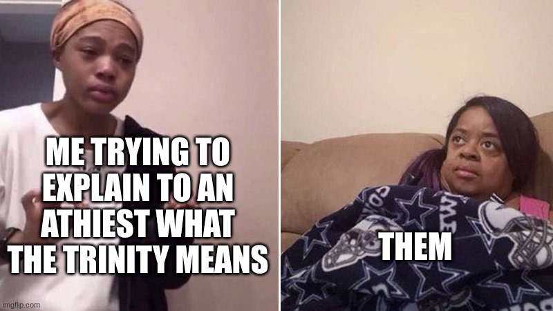 Me explaining to my mom | ME TRYING TO EXPLAIN TO AN ATHIEST WHAT THE TRINITY MEANS; THEM | image tagged in me explaining to my mom | made w/ Imgflip meme maker