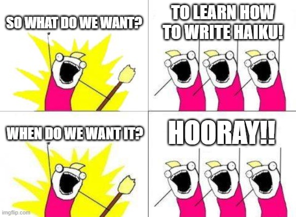 That was quick ... |  SO WHAT DO WE WANT? TO LEARN HOW TO WRITE HAIKU! HOORAY!! WHEN DO WE WANT IT? | image tagged in memes,what do we want,haiku,poetry | made w/ Imgflip meme maker
