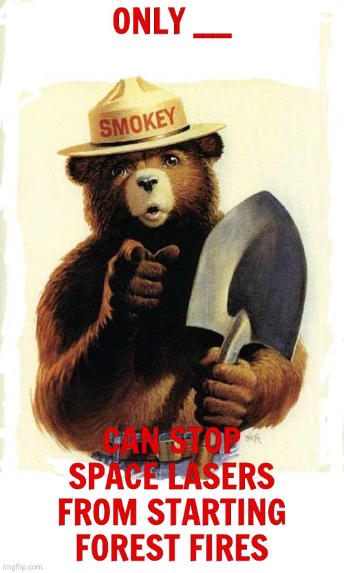 Smokey The Bear | ONLY ____ CAN STOP SPACE LASERS FROM STARTING FOREST FIRES | image tagged in smokey the bear | made w/ Imgflip meme maker