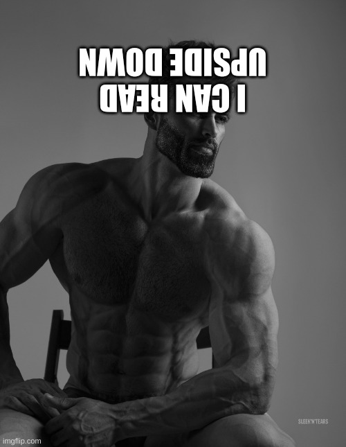 I CAN READ UPSIDE DOWN | image tagged in giga chad | made w/ Imgflip meme maker