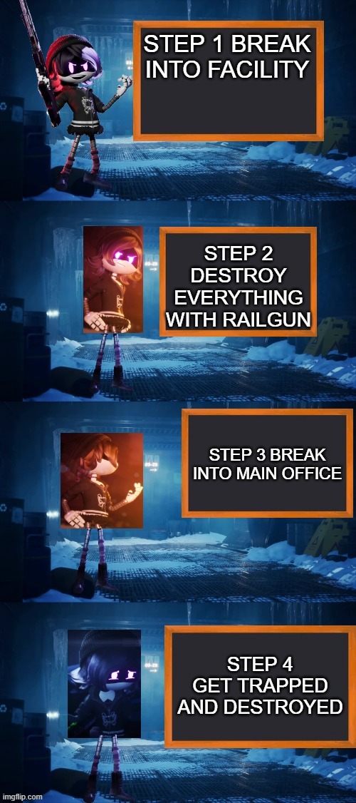 Uzi's plan to destroy JCJenson in spaaaaacee! | STEP 1 BREAK INTO FACILITY; STEP 2 DESTROY EVERYTHING WITH RAILGUN; STEP 3 BREAK INTO MAIN OFFICE; STEP 4 GET TRAPPED AND DESTROYED | image tagged in uzi's plan to ________,jcjenson | made w/ Imgflip meme maker