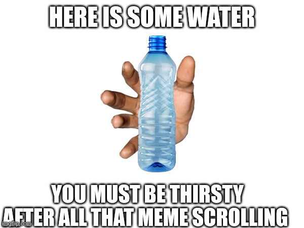 HERE IS SOME WATER; YOU MUST BE THIRSTY AFTER ALL THAT MEME SCROLLING | image tagged in water | made w/ Imgflip meme maker