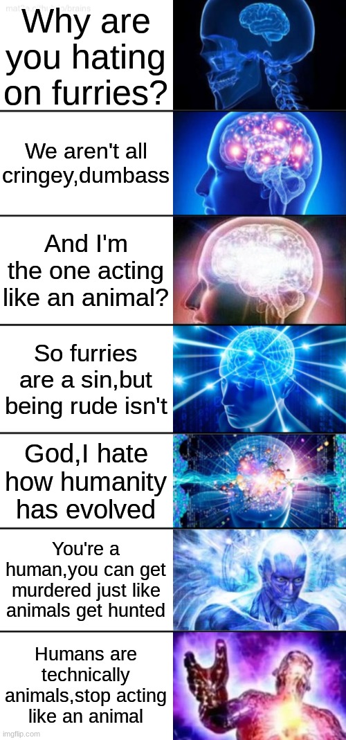 You can see the insults get stronger as the brain cells grow | Why are you hating on furries? We aren't all cringey,dumbass; And I'm the one acting like an animal? So furries are a sin,but being rude isn't; God,I hate how humanity has evolved; You're a human,you can get murdered just like animals get hunted; Humans are technically animals,stop acting like an animal | image tagged in 7-tier expanding brain,furry,anti furry,the furry fandom,furries,anti furries | made w/ Imgflip meme maker