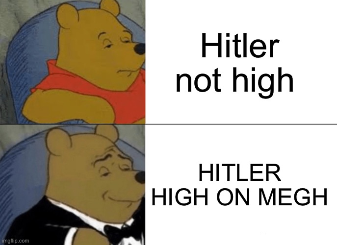 Winnie poo Hitler meth | Hitler not high; HITLER HIGH ON MEGH | image tagged in memes,tuxedo winnie the pooh | made w/ Imgflip meme maker