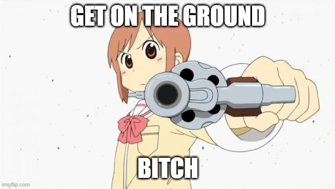 Anime gun point | GET ON THE GROUND; BITCH | image tagged in anime gun point | made w/ Imgflip meme maker