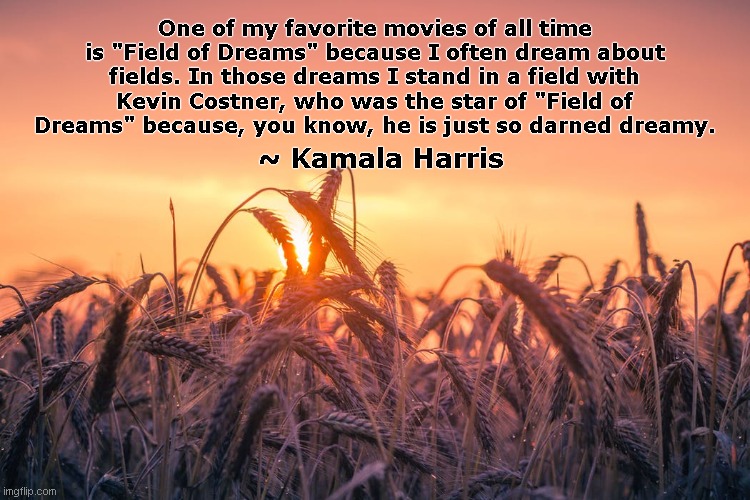 Kamala on Films | One of my favorite movies of all time is "Field of Dreams" because I often dream about fields. In those dreams I stand in a field with Kevin Costner, who was the star of "Field of Dreams" because, you know, he is just so darned dreamy. ~ Kamala Harris | image tagged in kamala harris,word salad,deep thoughts,satire,movies,field of dreams | made w/ Imgflip meme maker