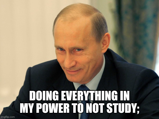 Evil grin Putin | DOING EVERYTHING IN MY POWER TO NOT STUDY; | image tagged in evil grin putin | made w/ Imgflip meme maker