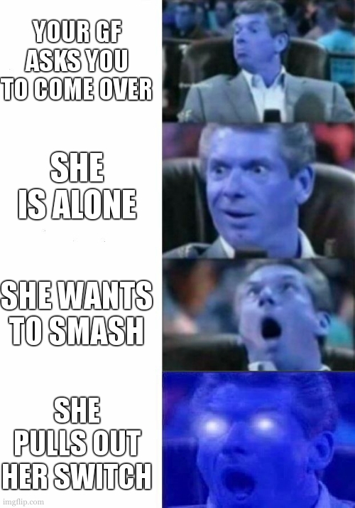 yhejjdjd | YOUR GF ASKS YOU TO COME OVER; SHE IS ALONE; SHE WANTS TO SMASH; SHE PULLS OUT HER SWITCH | image tagged in mr mcmahon reaction | made w/ Imgflip meme maker