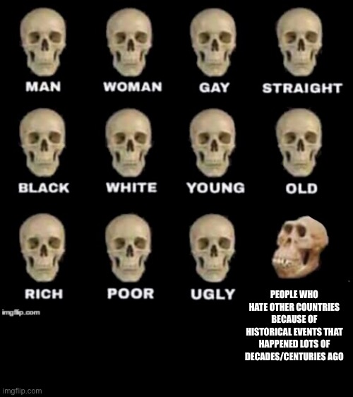 idiot skull | PEOPLE WHO HATE OTHER COUNTRIES BECAUSE OF HISTORICAL EVENTS THAT HAPPENED LOTS OF DECADES/CENTURIES AGO | image tagged in idiot skull,memes,countries | made w/ Imgflip meme maker