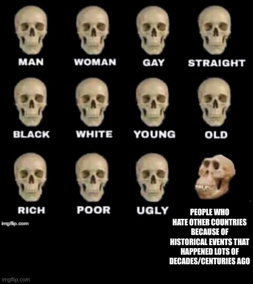 idiot skull | PEOPLE WHO HATE OTHER COUNTRIES BECAUSE OF HISTORICAL EVENTS THAT HAPPENED LOTS OF DECADES/CENTURIES AGO | image tagged in idiot skull | made w/ Imgflip meme maker