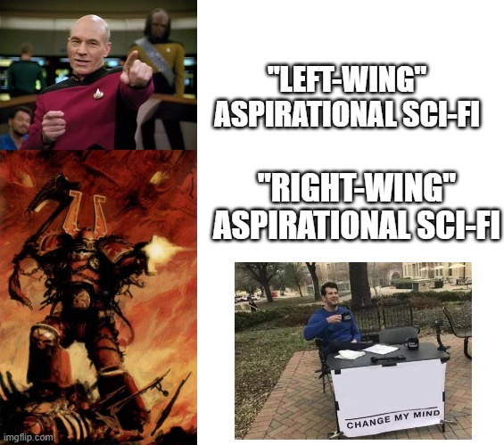 "LEFT-WING" ASPIRATIONAL SCI-FI; "RIGHT-WING" ASPIRATIONAL SCI-FI | image tagged in picard,warhammer 40k,blank white template | made w/ Imgflip meme maker