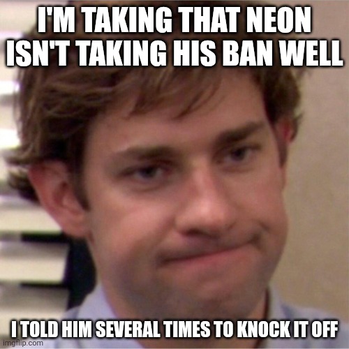 Bro needed to do something else besides harass users | I'M TAKING THAT NEON ISN'T TAKING HIS BAN WELL; I TOLD HIM SEVERAL TIMES TO KNOCK IT OFF | image tagged in not surprised face | made w/ Imgflip meme maker