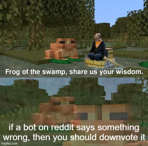 no context | if a bot on reddit says something wrong, then you should downvote it | image tagged in frog of the swamp share us your wisdom | made w/ Imgflip meme maker