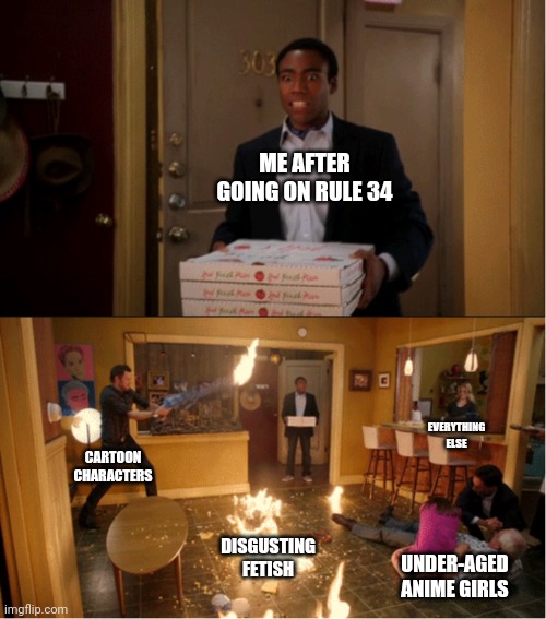 Community Fire Pizza Meme | ME AFTER GOING ON RULE 34; EVERYTHING ELSE; CARTOON CHARACTERS; DISGUSTING FETISH; UNDER-AGED ANIME GIRLS | image tagged in community fire pizza meme,funny,rule 34,disgusting | made w/ Imgflip meme maker