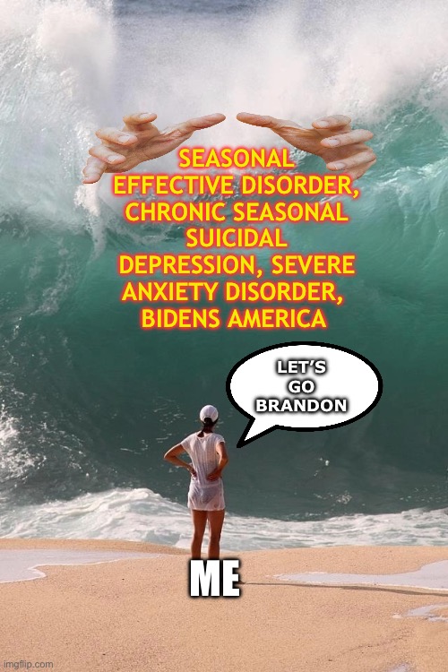 Here we go again | SEASONAL EFFECTIVE DISORDER, CHRONIC SEASONAL SUICIDAL DEPRESSION, SEVERE ANXIETY DISORDER, 
BIDENS AMERICA; LET’S GO BRANDON; ME | image tagged in tidal wave girl | made w/ Imgflip meme maker