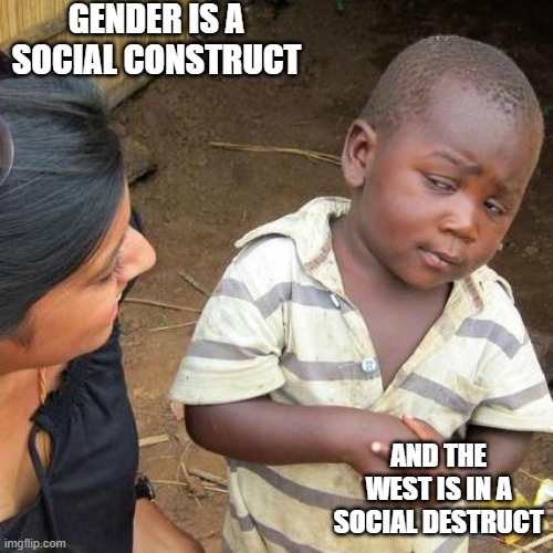 Third World Skeptical Kid |  GENDER IS A SOCIAL CONSTRUCT; AND THE WEST IS IN A SOCIAL DESTRUCT | image tagged in memes,third world skeptical kid | made w/ Imgflip meme maker