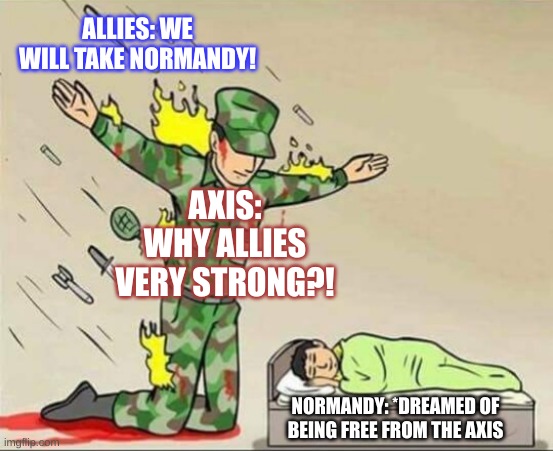 Normandy WW2 | ALLIES: WE WILL TAKE NORMANDY! AXIS: WHY ALLIES VERY STRONG?! NORMANDY: *DREAMED OF BEING FREE FROM THE AXIS | image tagged in soldier protecting sleeping child | made w/ Imgflip meme maker