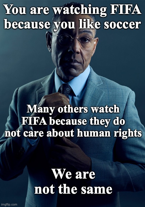 ? | You are watching FIFA because you like soccer; Many others watch FIFA because they do not care about human rights; We are not the same | image tagged in gus fring we are not the same,fifa | made w/ Imgflip meme maker