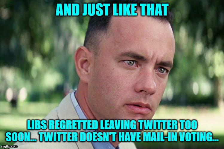 Libs upset they couldn't vote in the Twitter Trump reinstatement poll | AND JUST LIKE THAT LIBS REGRETTED LEAVING TWITTER TOO SOON... TWITTER DOESN'T HAVE MAIL-IN VOTING... | image tagged in memes,and just like that | made w/ Imgflip meme maker