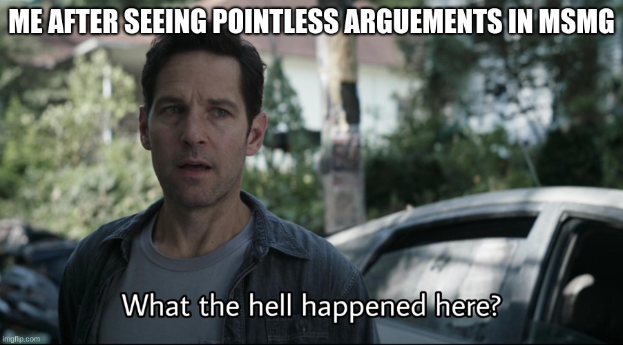 Scrolled for a bit too long :/ | ME AFTER SEEING POINTLESS ARGUEMENTS IN MSMG | image tagged in what the hell happened here | made w/ Imgflip meme maker
