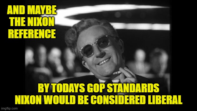 dr strangelove | AND MAYBE THE NIXON REFERENCE BY TODAYS GOP STANDARDS NIXON WOULD BE CONSIDERED LIBERAL | image tagged in dr strangelove | made w/ Imgflip meme maker