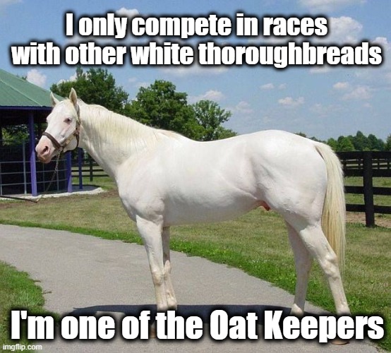 Oat Keepers |  I only compete in races with other white thoroughbreads; I'm one of the Oat Keepers | image tagged in horses,racists,maga,white privilege,white nationalists,militias | made w/ Imgflip meme maker