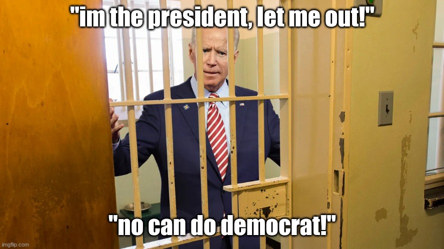 Biden Behind Bars | "im the president, let me out!"; "no can do democrat!" | image tagged in biden behind bars | made w/ Imgflip meme maker