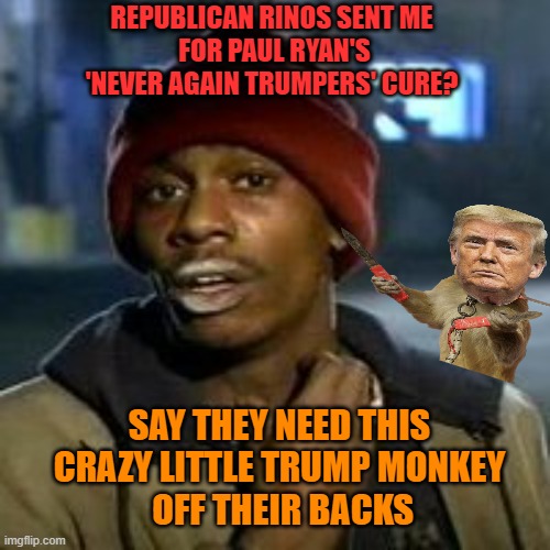 Trumpaholics Anonymous | REPUBLICAN RINOS SENT ME
 FOR PAUL RYAN'S 'NEVER AGAIN TRUMPERS' CURE? SAY THEY NEED THIS CRAZY LITTLE TRUMP MONKEY
 OFF THEIR BACKS | image tagged in junky,maga,donald trump,political meme,cure | made w/ Imgflip meme maker