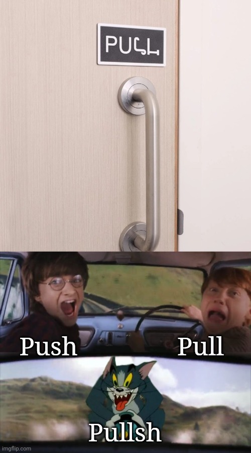 Pullsh | Pull; Push; Pullsh | image tagged in tom chasing harry and ron weasly,pull,push,you had one job,memes,door | made w/ Imgflip meme maker