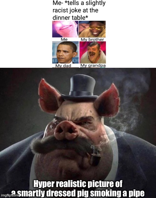 Image title | Hyper realistic picture of a smartly dressed pig smoking a pipe | image tagged in image tags | made w/ Imgflip meme maker