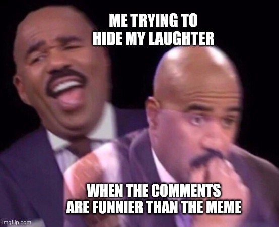 laughing | ME TRYING TO HIDE MY LAUGHTER; WHEN THE COMMENTS ARE FUNNIER THAN THE MEME | image tagged in steve harvey laughing serious | made w/ Imgflip meme maker