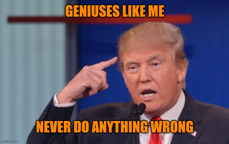 Donald Trump Smart Thinking | GENIUSES LIKE ME NEVER DO ANYTHING WRONG | image tagged in donald trump smart thinking | made w/ Imgflip meme maker